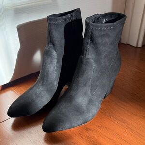 Black Suede Pointed-Toe Ankle Booties With Block Heel